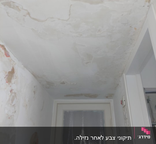 תקרה מתקלפת עם סימני רטיבות וקילופים